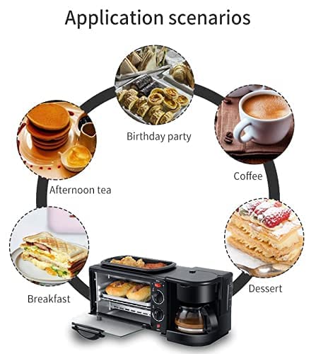 3-in-1 mini oven with open oven door, top griddle, and side coffee maker