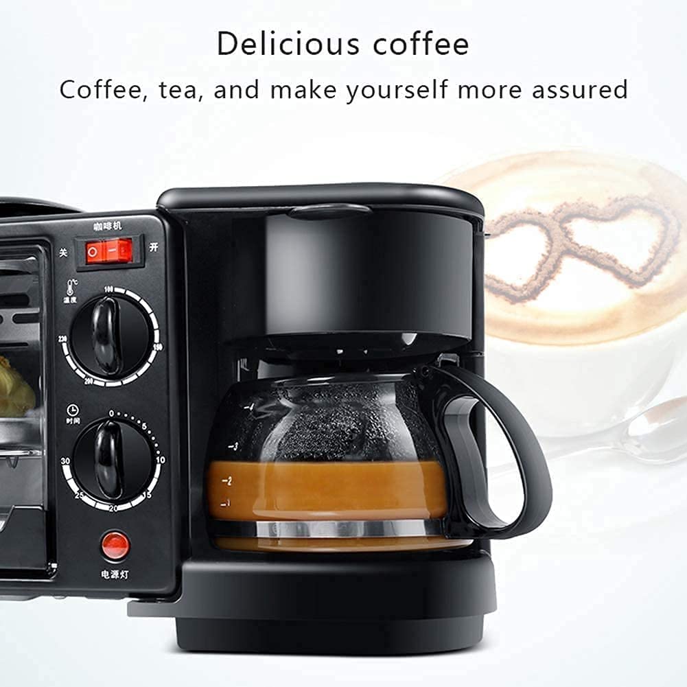 Close-up of mini oven controls and side coffee maker with glass carafe