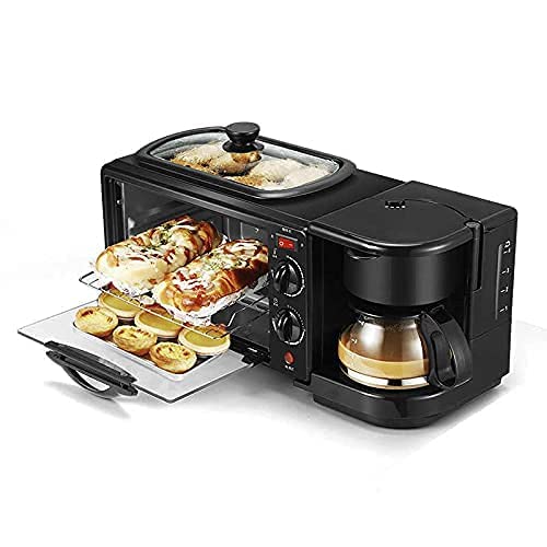 3-in-1 mini oven with top griddle, open oven door, and coffee carafe