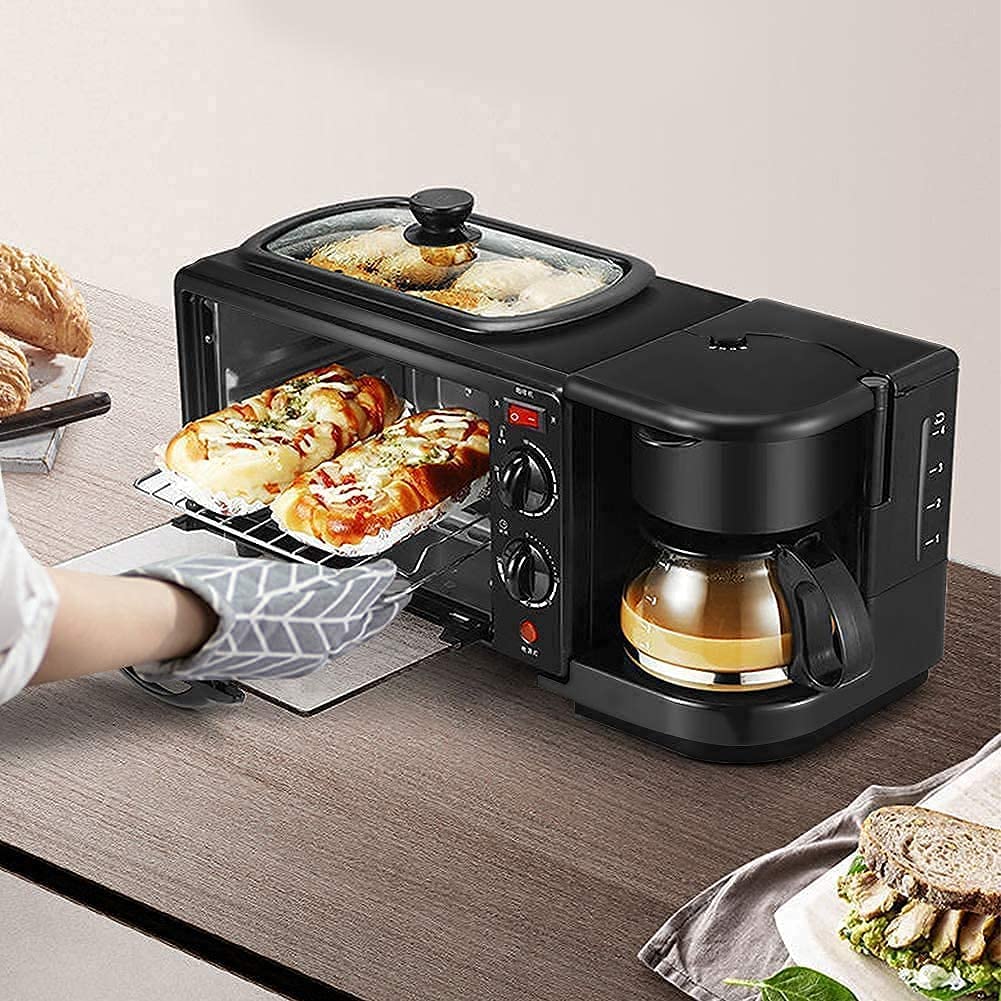 Mini oven with food on the rack, a top griddle, and side coffee maker