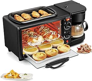 Mini oven with open door, top griddle, and side coffee maker