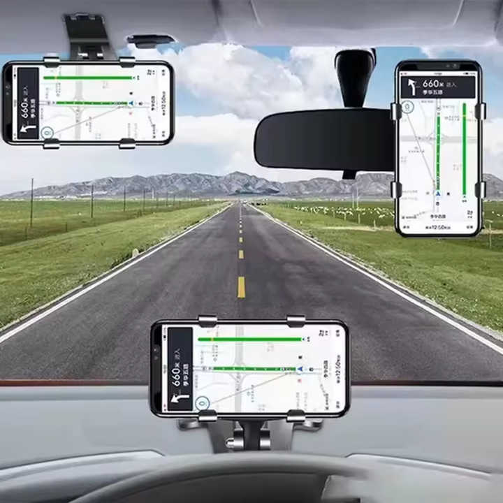 Black car phone holder shown positioning a smartphone horizontally, vertically, and on the dashboard.