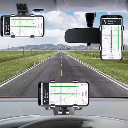 Black car phone holder shown positioning a smartphone horizontally, vertically, and on the dashboard.