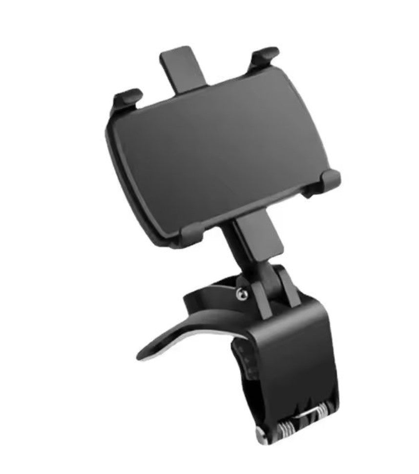 Black car phone holder with adjustable grips and a clip-on dashboard mount.