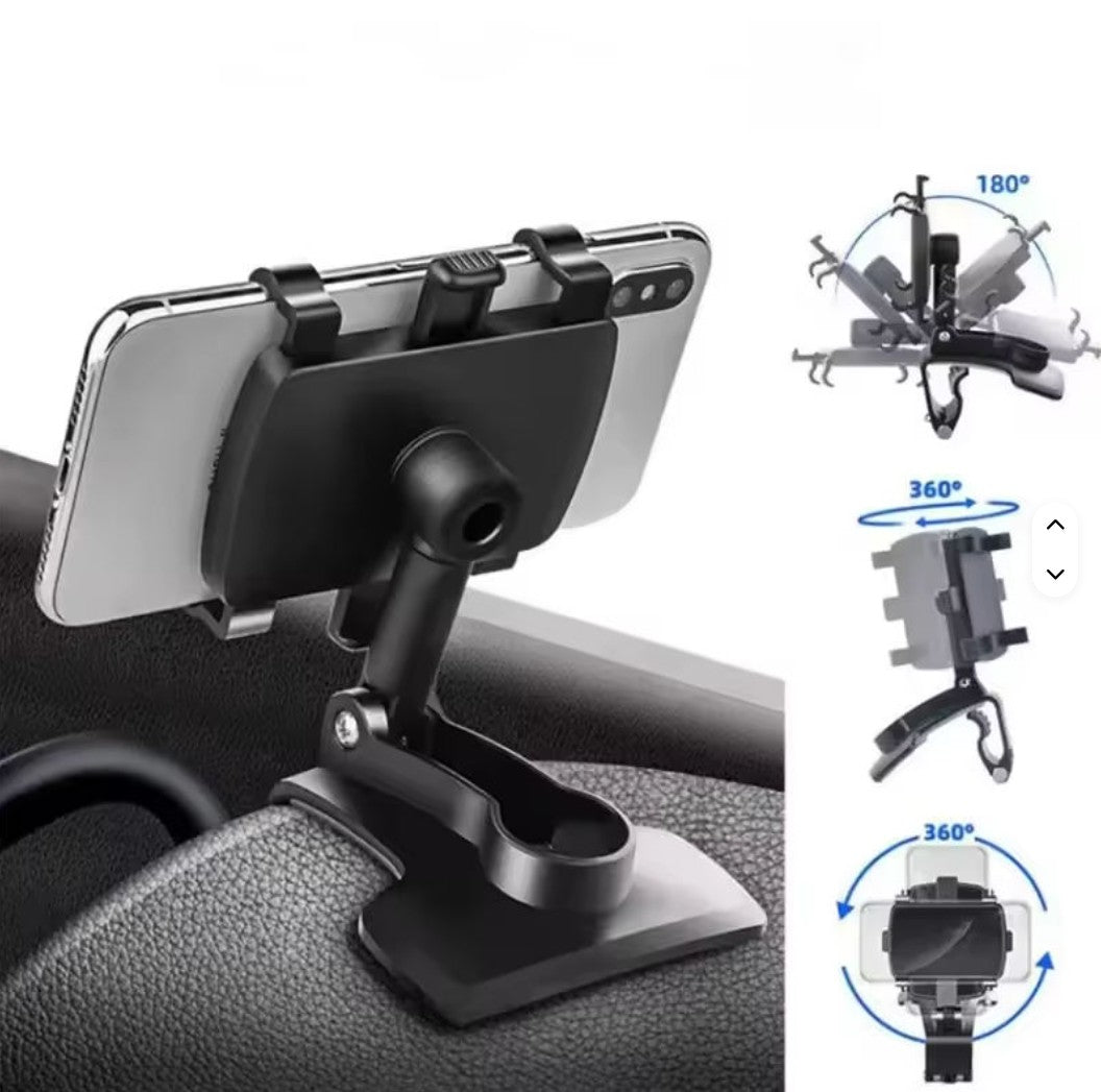 Black dashboard phone holder with a swivel arm, shown gripping a phone and rotating.
