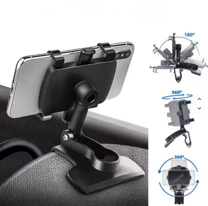 Black dashboard phone holder with a swivel arm, shown gripping a phone and rotating.