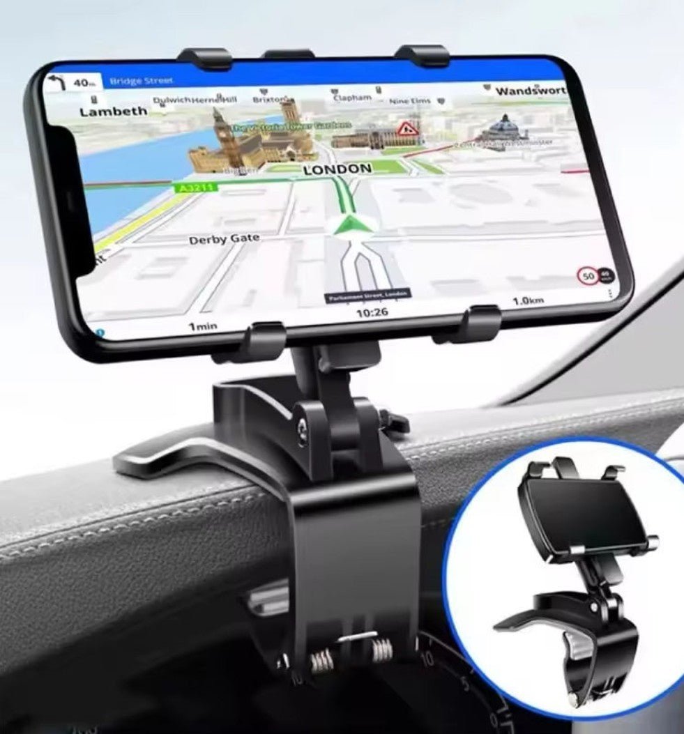 Black dashboard phone holder securing a phone horizontally with adjustable clamps.