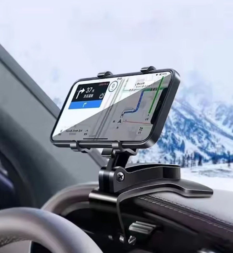 Black car phone holder clipped to the dashboard, supporting a phone in landscape view.