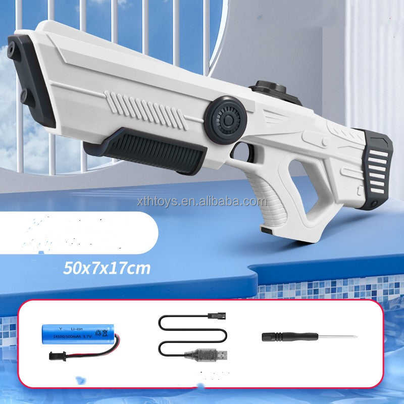 White electric water gun with black grip, plus battery, charging cable and screwdriver.