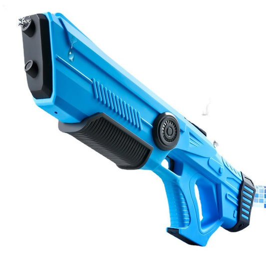 Blue electric water gun with black grip and front nozzle.