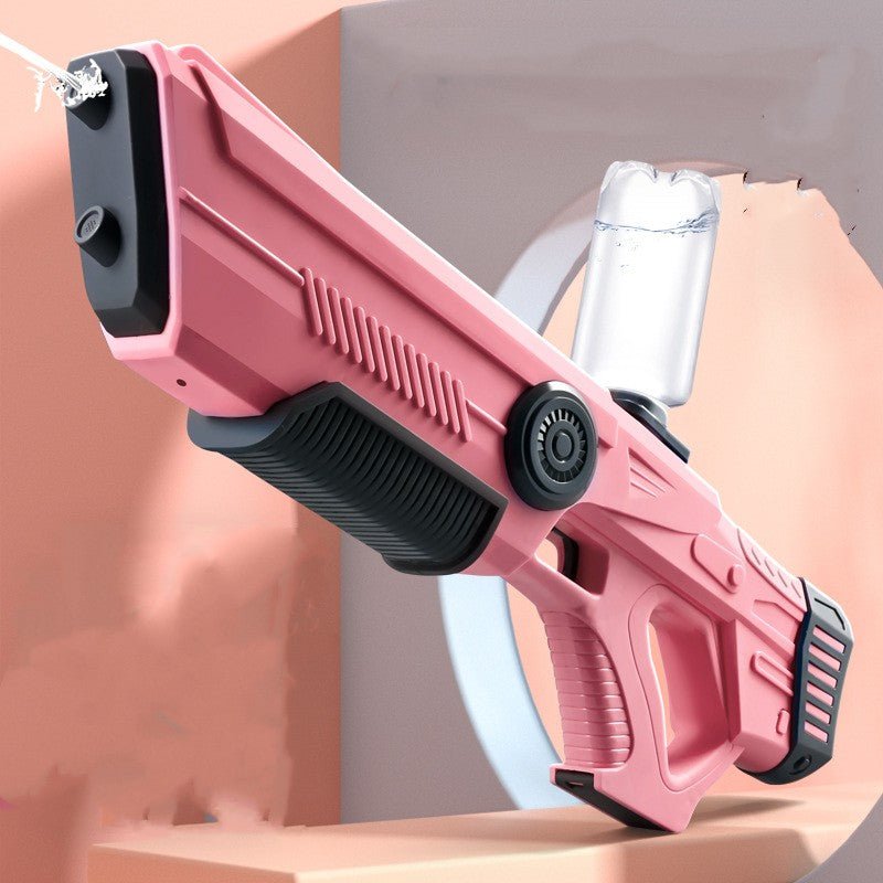 Pink electric water gun fitted with a clear water bottle.