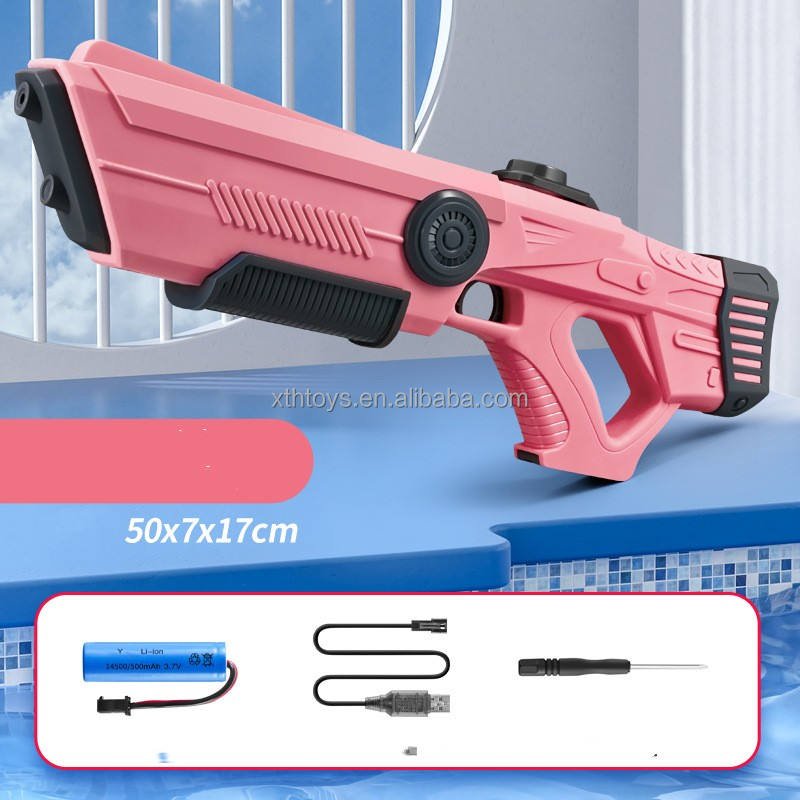 Pink electric water gun with black grip, plus battery, charging cable and screwdriver.
