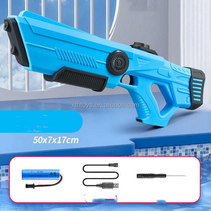 Blue electric water gun with black grip, plus battery, charging cable and screwdriver.