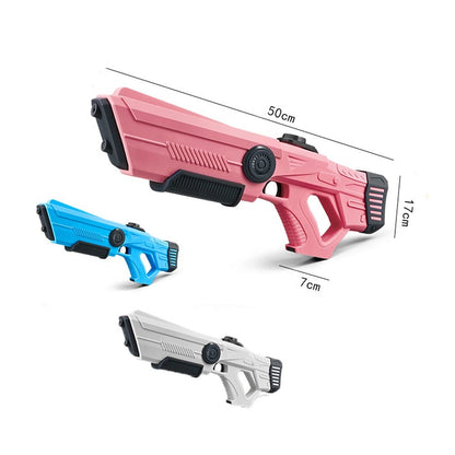Pink electric water gun shown with blue and white color options; 50 cm long.
