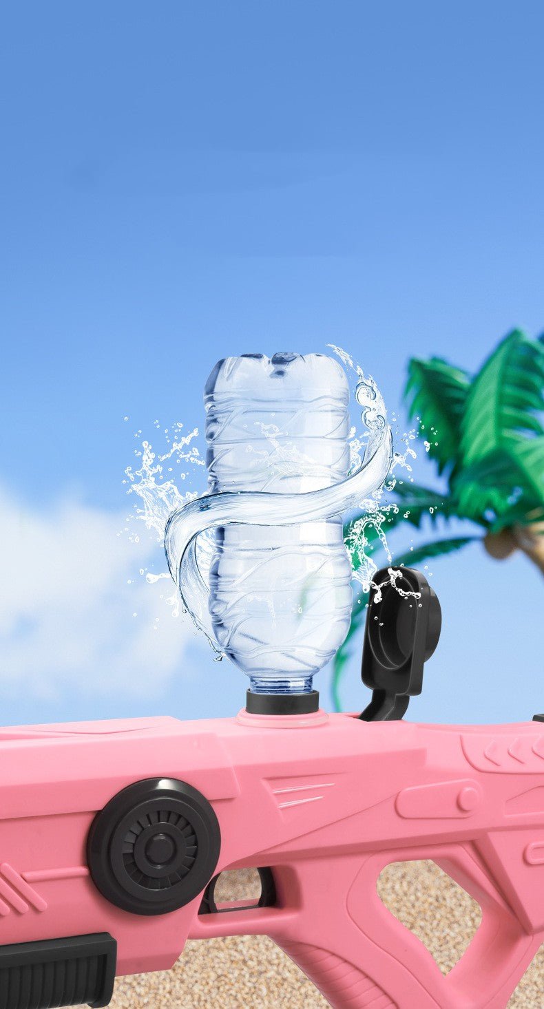 Pink electric water gun with a clear bottle attached for water supply.