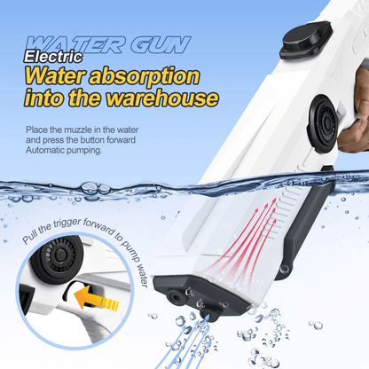 White electric water gun partially submerged, showing its water intake and trigger.
