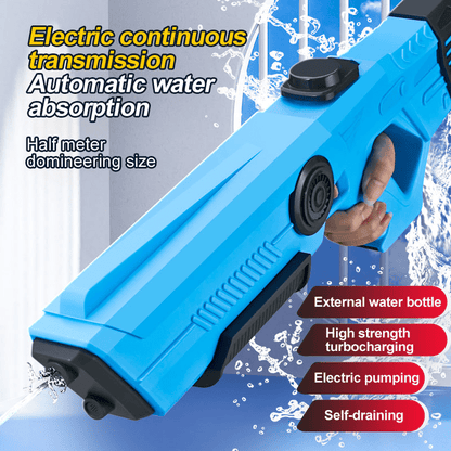 Blue electric water gun with black grip and front nozzle, shown spraying water.
