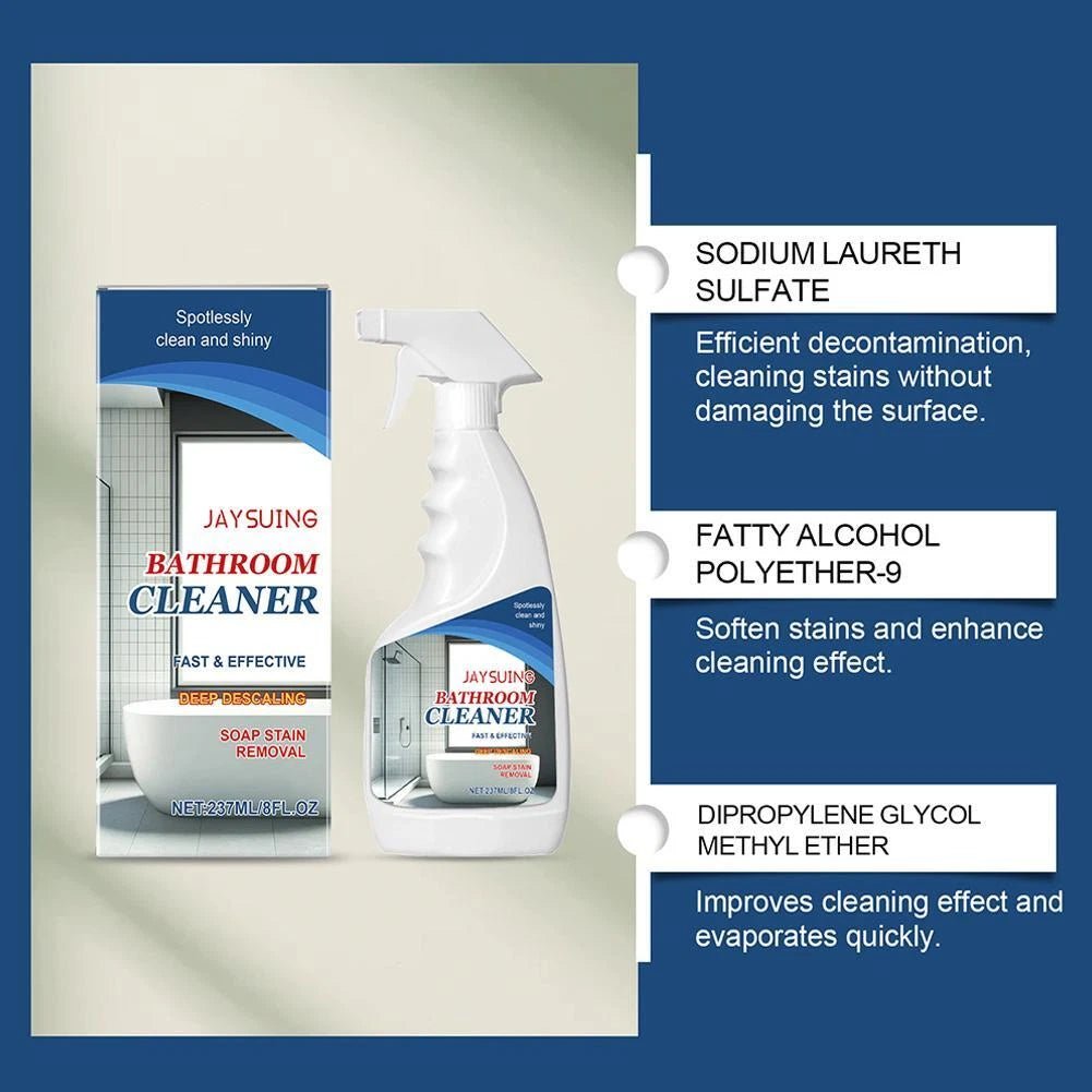 JAYSUING bathroom cleaner bottle and box beside a list of cleaning ingredients