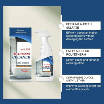 JAYSUING bathroom cleaner bottle and box beside a list of cleaning ingredients