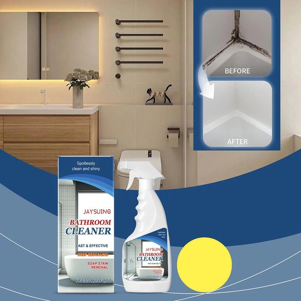JAYSUING bathroom cleaner bottle and box with a before-and-after corner cleaning comparison
