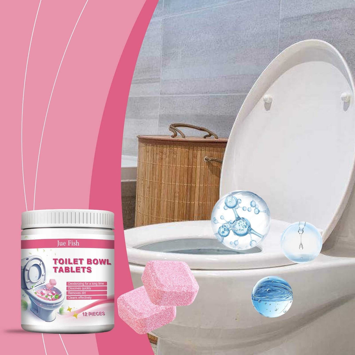 Jue Fish toilet bowl tablets in a jar beside a toilet and pink tablets
