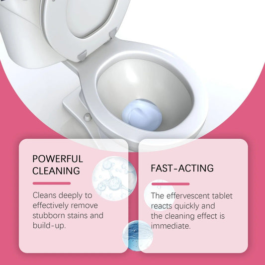 Toilet bowl tablet dissolving in water, with cleaning and fast-action claims