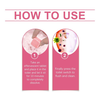 Toilet bowl tablet use instructions show dropping a tablet in the bowl and flushing