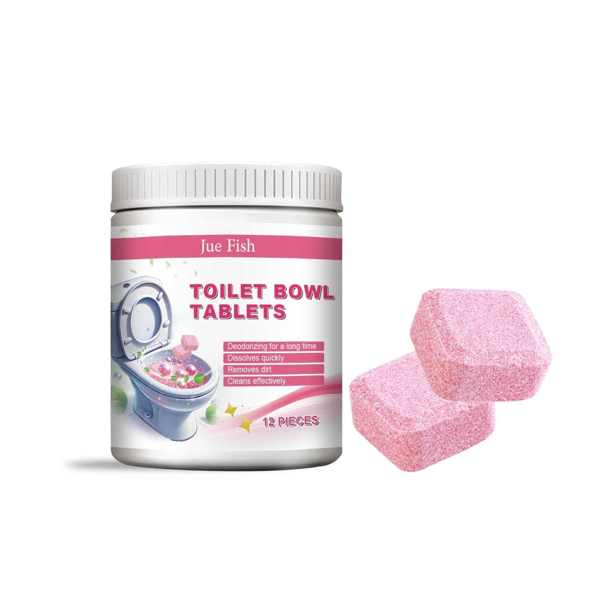 Jue Fish toilet bowl tablets jar with two pink tablets