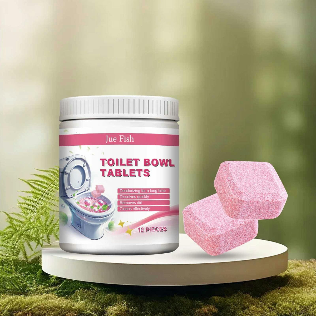 Jue Fish toilet bowl tablets jar with two pink tablets