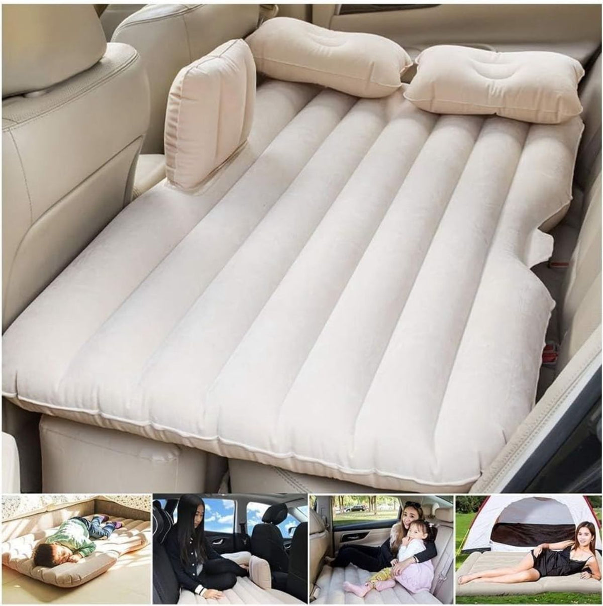 Beige car back seat air mattress with ribbed surface, side supports, and pillows