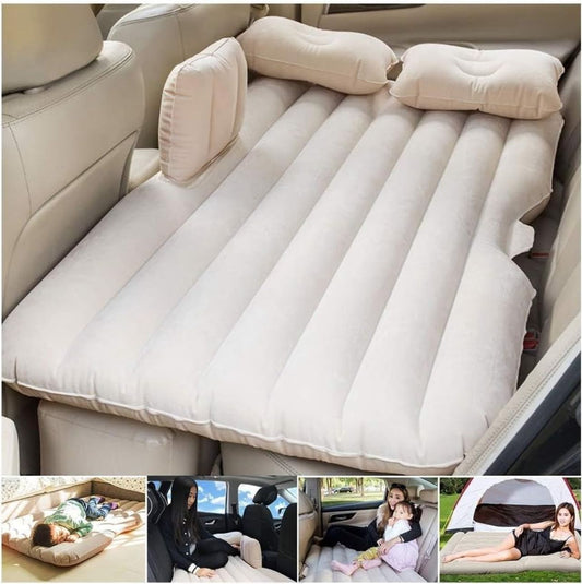 Beige car back seat air mattress with ribbed surface, side supports, and pillows