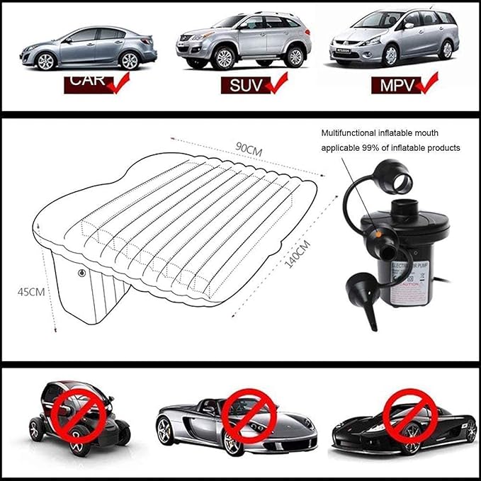 Inflatable car mattress with dimensions, pump, and vehicle compatibility guide