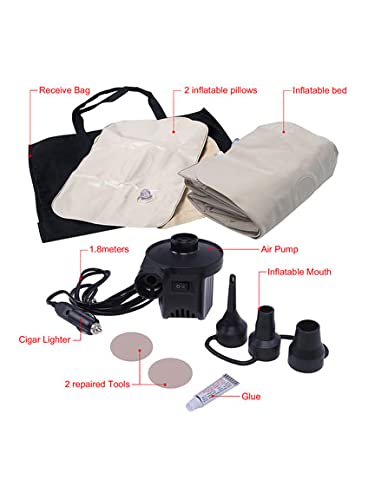 Car air mattress kit with bed, two pillows, pump, storage bag, and repair supplies