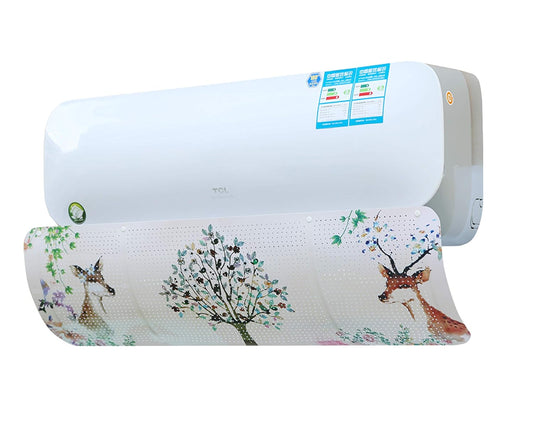 Air conditioner wind deflector with perforated panel printed with deer and trees