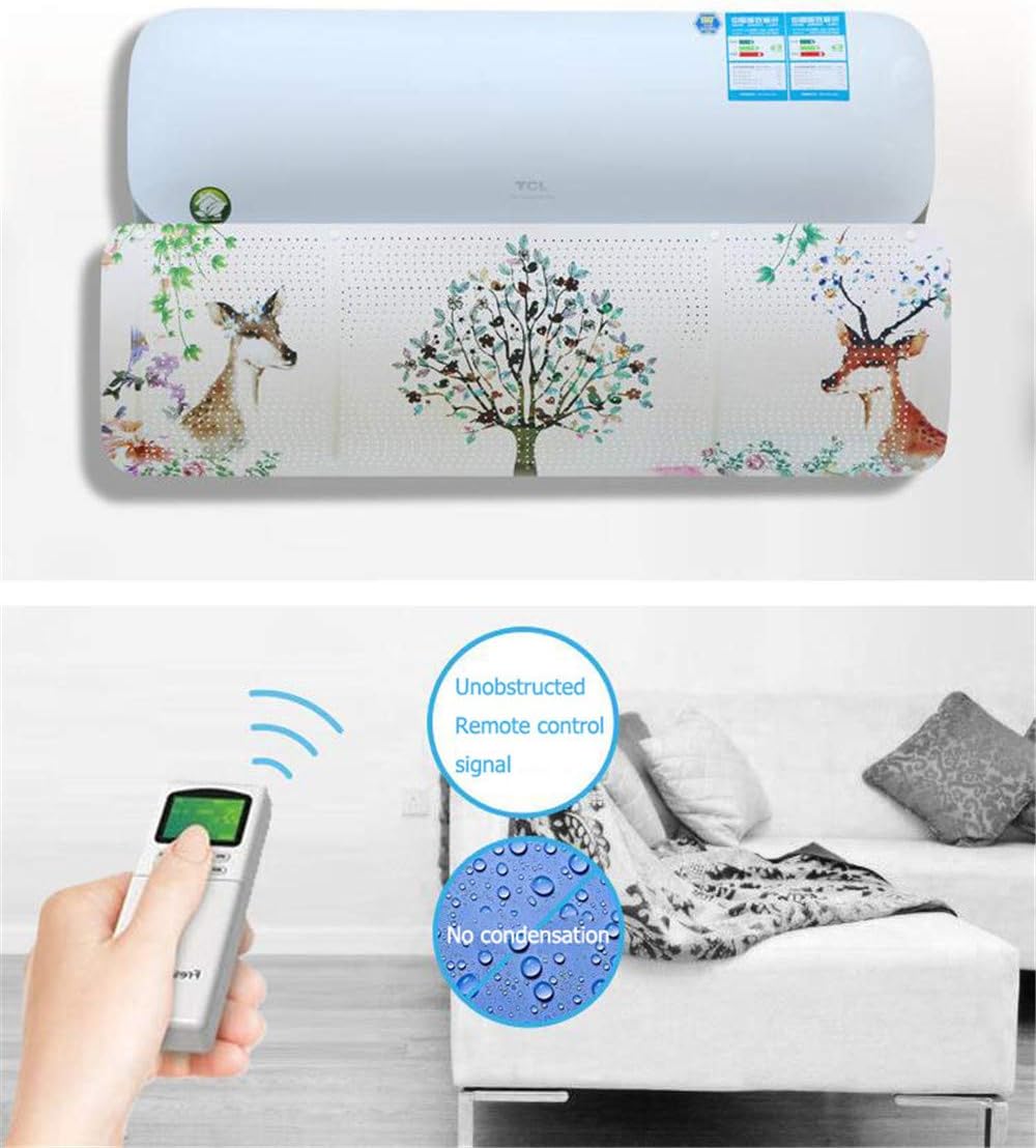 Air conditioner wind deflector with perforated deer and tree print, shown with a remote control