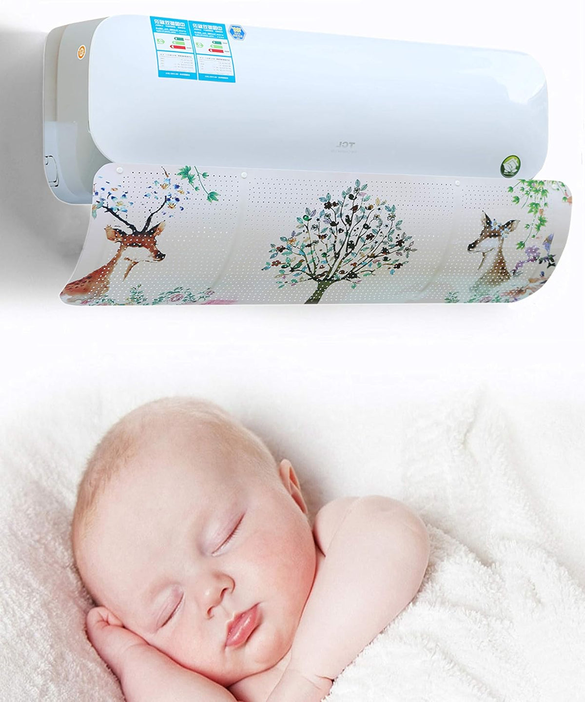 Air conditioner wind deflector with perforated deer and tree print