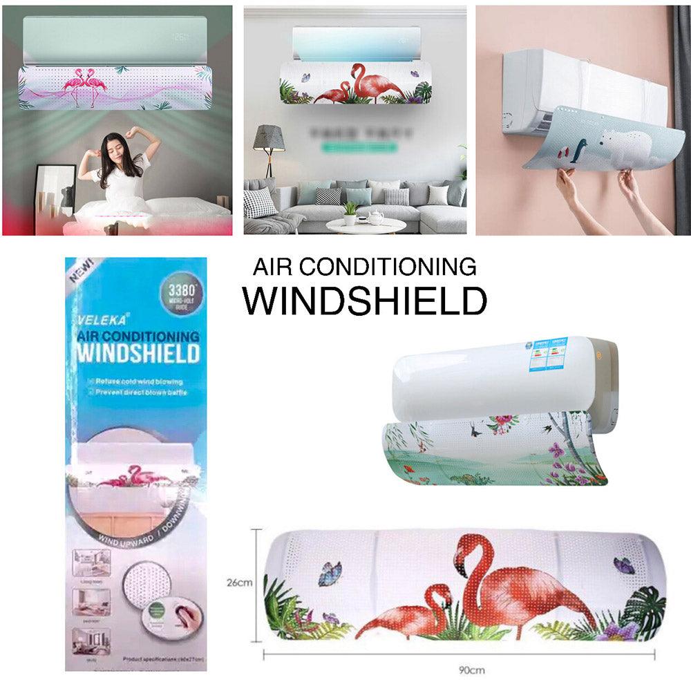 Air conditioner wind deflector shown in several prints, including flamingos; 90 by 26 cm
