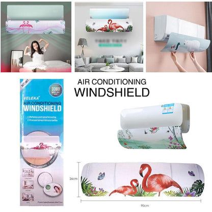 Air conditioner wind deflector shown in several prints, including flamingos; 90 by 26 cm