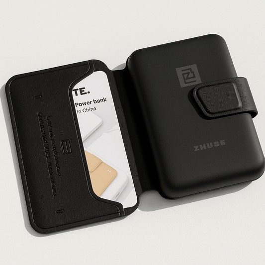 ZHUOSE black card-style power bank opened to show its inner panel and card slots