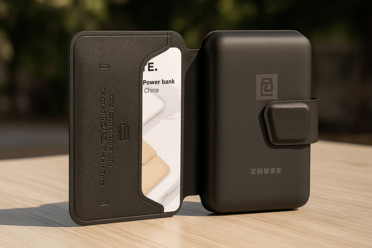 ZHUOSE card-style power bank opened, with a black outer cover and visible card slots