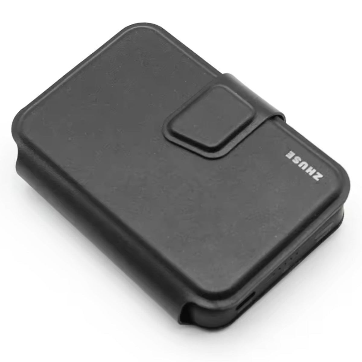 ZHUOSE black card-style power bank closed, with a front snap strap