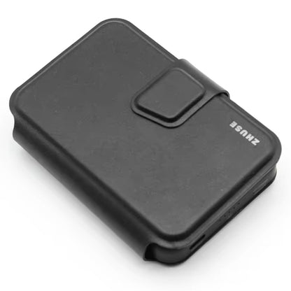 ZHUOSE black card-style power bank closed, with a front snap strap