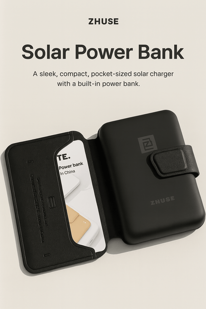 ZHUOSE card-style power bank opened, showing its black cover and inner card slots