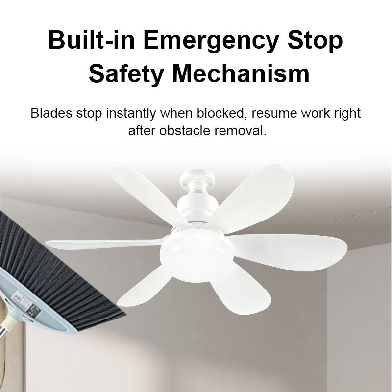 White ceiling fan light with five blades and rounded globe