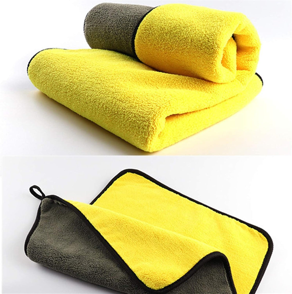 Yellow and gray double-sided microfiber cloths, shown folded and open