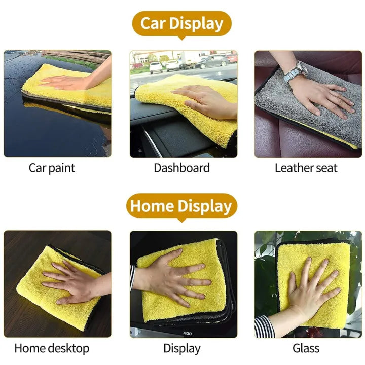 Yellow and gray microfiber cloths shown wiping car paint, a dashboard, and household surfaces