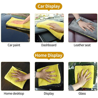 Yellow and gray microfiber cloths shown wiping car paint, a dashboard, and household surfaces
