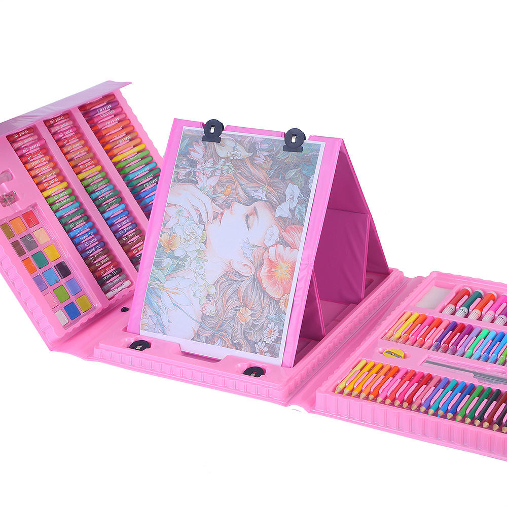 Open pink art case with colorful drawing supplies and an upright easel board