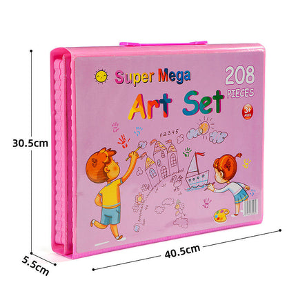 Pink 208-piece kids' art set in a rectangular carrying case, shown with dimensions