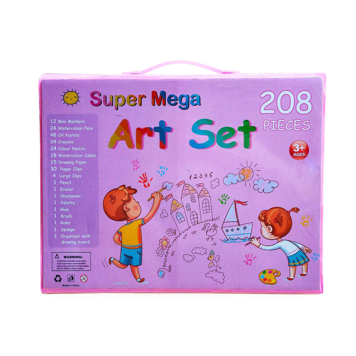 Pink kids' art set in a handled case with a colorful illustrated cover and 208 pieces